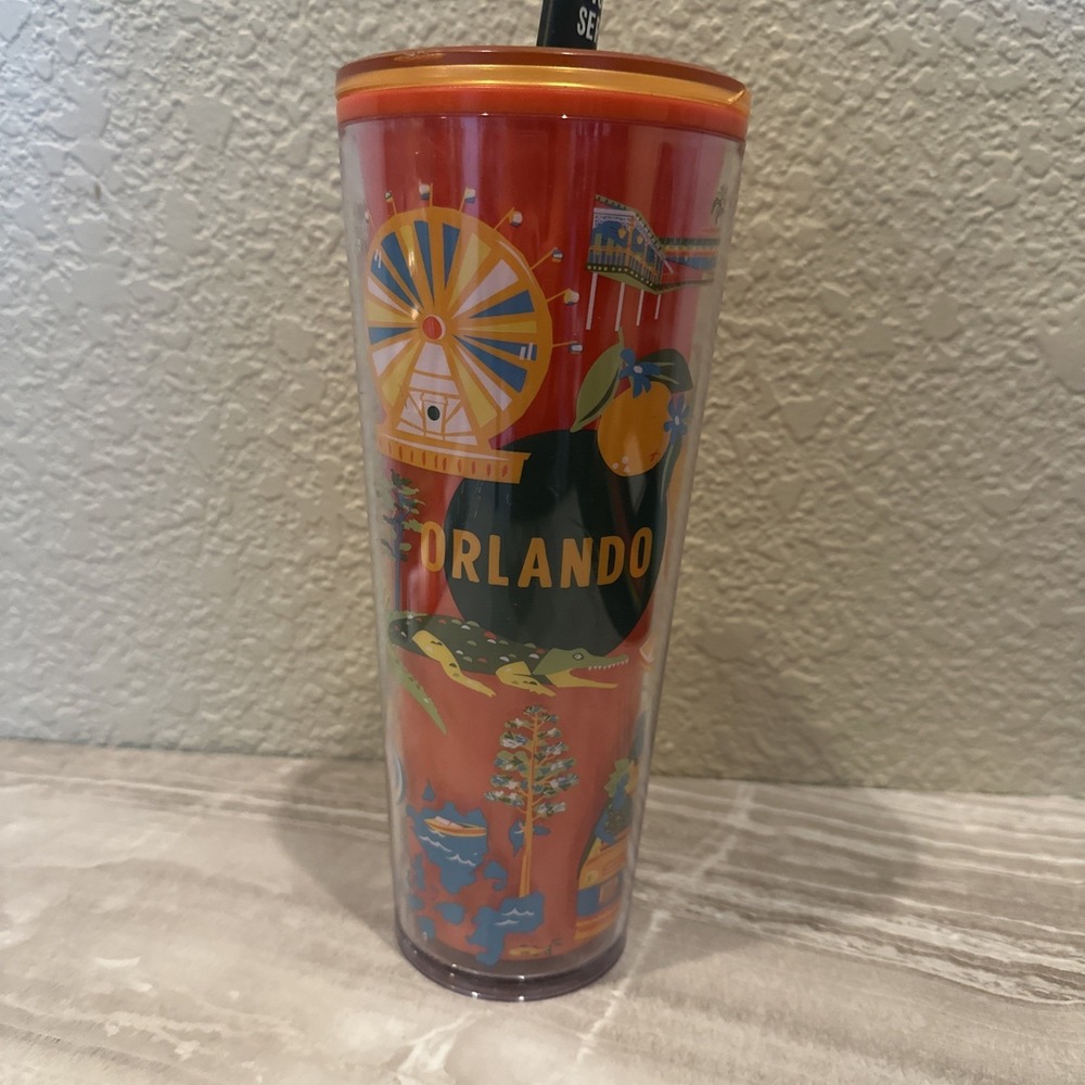 New STARBUCKS Orlando Discovery Series 24oz Tumbler Orange Lid Green Straw READ